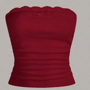 Lace trim knitted strapless crop top